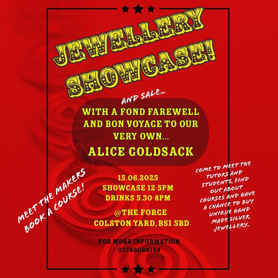 My great friend an I have put together this jewellery showcase and sale to say Bon voyage to @alicegoldsack and celebrate her past and present students, it is also a chance to meet the tutors who are taking the reigns and will be teaching various classes from now on
@kasasagi.studios
@captaingrimace
@alicementerjewellery @theoccasionalgoldsmith
Come along and meet the makers and new tutors @theforgebristol
THIS SUNDAY. 15th June 12-5pm
There will be an amazing selection of varied jewellery to buy..
*Contemporary silver jewellery
*Fashion Jewellery
*Wax carve to cast jewellery
*Themed gaming jewellery
*Traditional and artisan jewellery
I will be bringing along the new collections I have been designing as part of my degree… (of which I have 1 year left!)
SEE IN BRISTOL…..